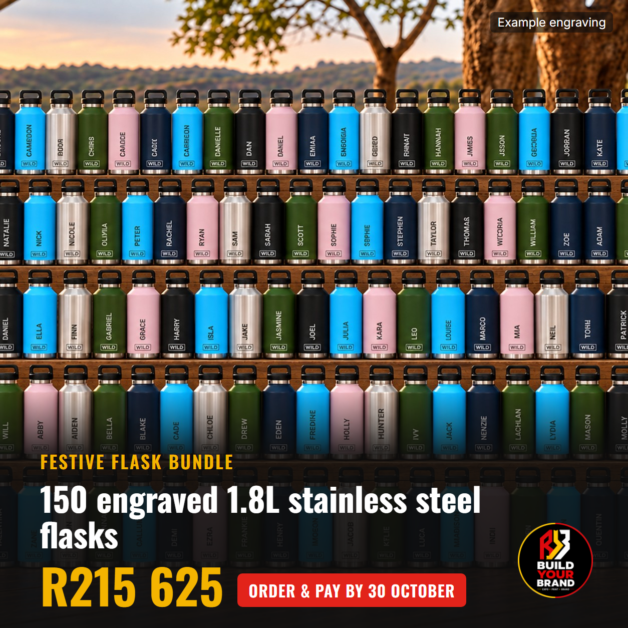 150 stainless steel 1.8L flasks laser engraved with your logo