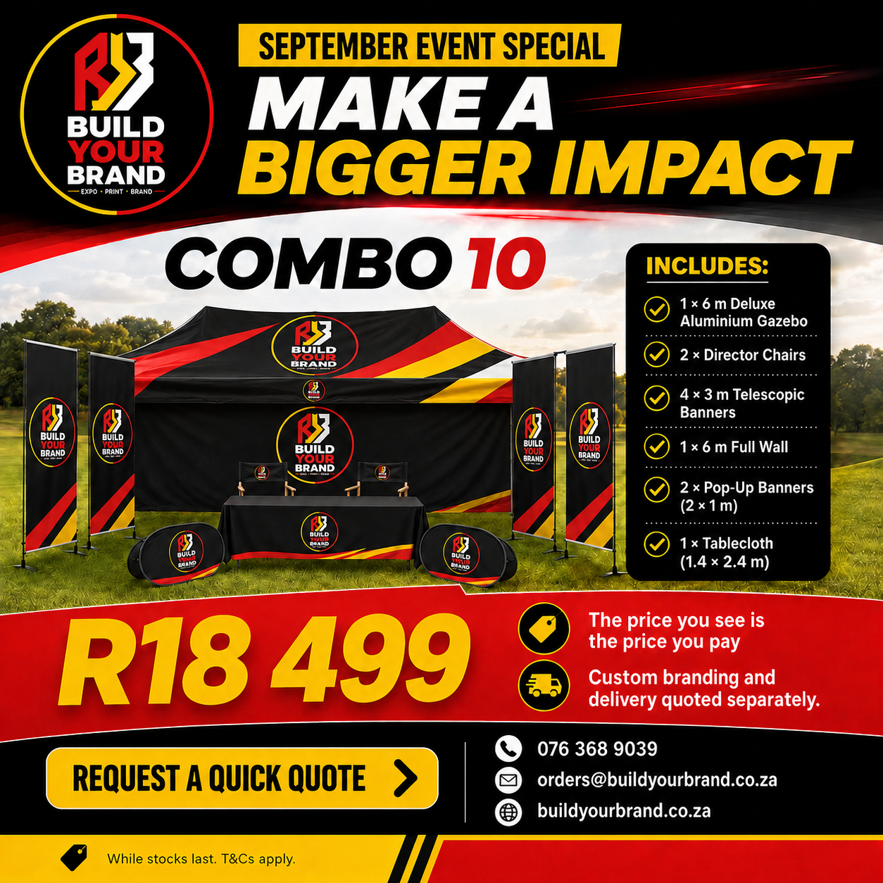 Build Your Brand Combo 10 with a branded 6 metre gazebo, banners, chairs and tablecloth