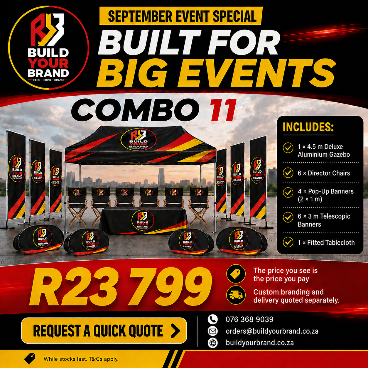 Build Your Brand Combo 11 with a 4.5 metre deluxe aluminium gazebo, director chairs, pop-up banners, telescopic banners and a fitted tablecloth