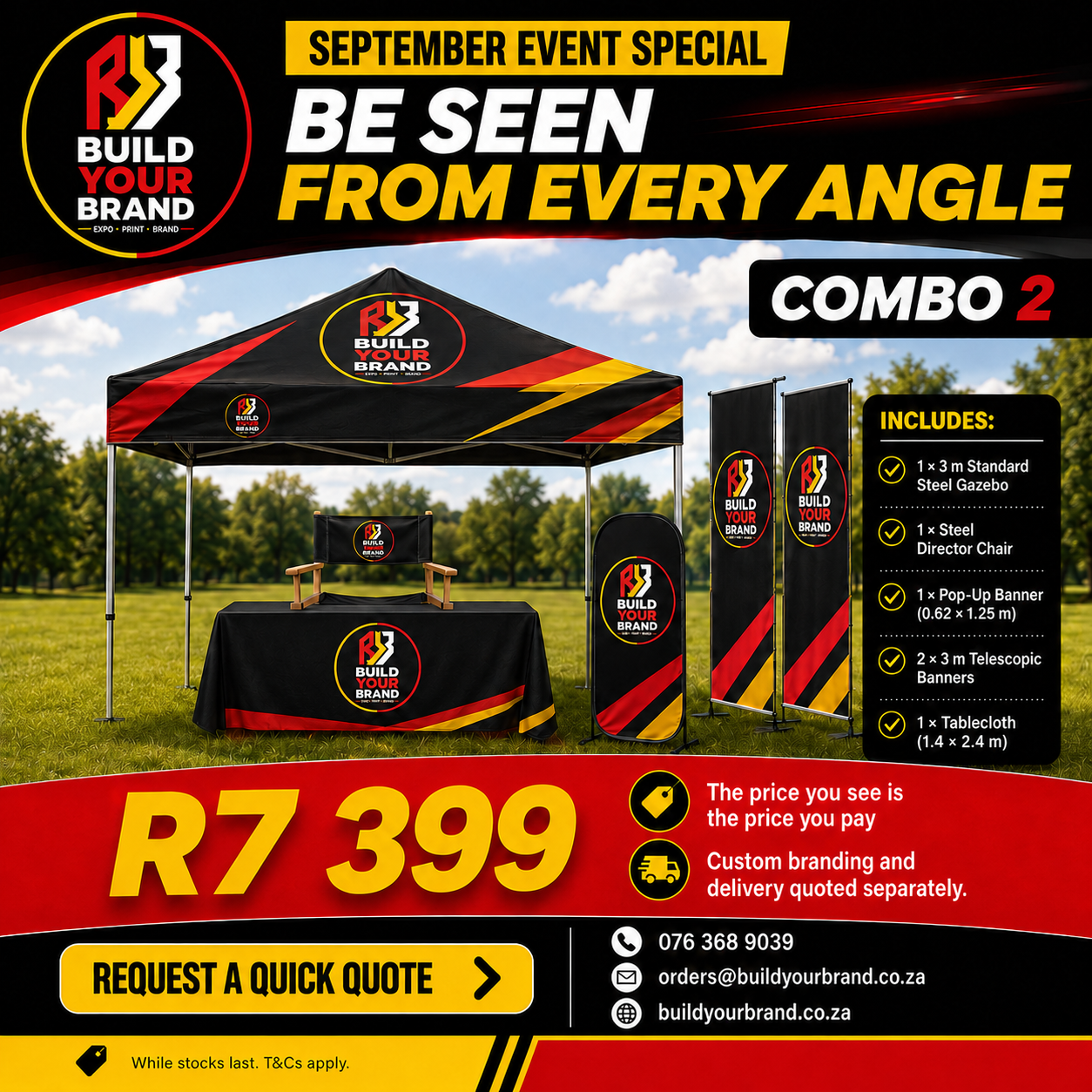 Build Your Brand Combo 2 with a 3 metre steel gazebo, director chair, pop-up banner, telescopic banners and tablecloth