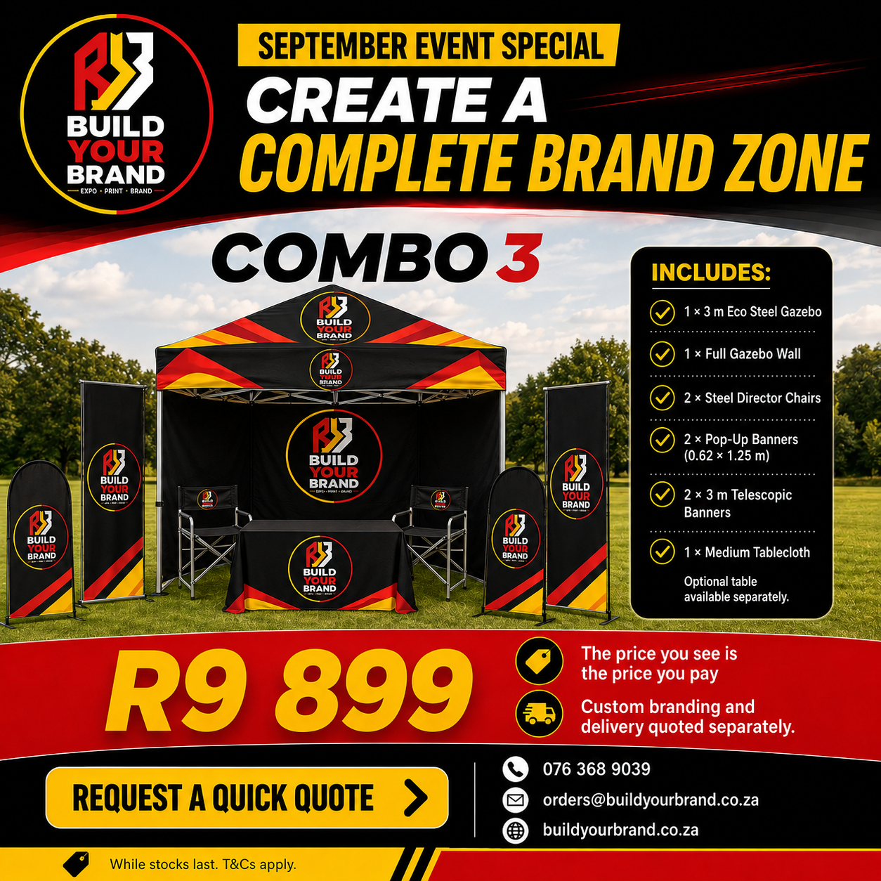 Build Your Brand Combo 3 with a 3 metre eco steel gazebo, full gazebo wall, director chairs, pop-up banners, telescopic banners and tablecloth