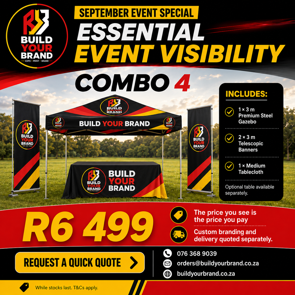 Build Your Brand Combo 4 with a 3 metre premium steel gazebo, telescopic banners and a medium tablecloth