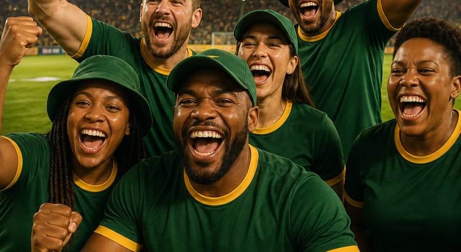 Supporters celebrating in green-and-gold branded gear