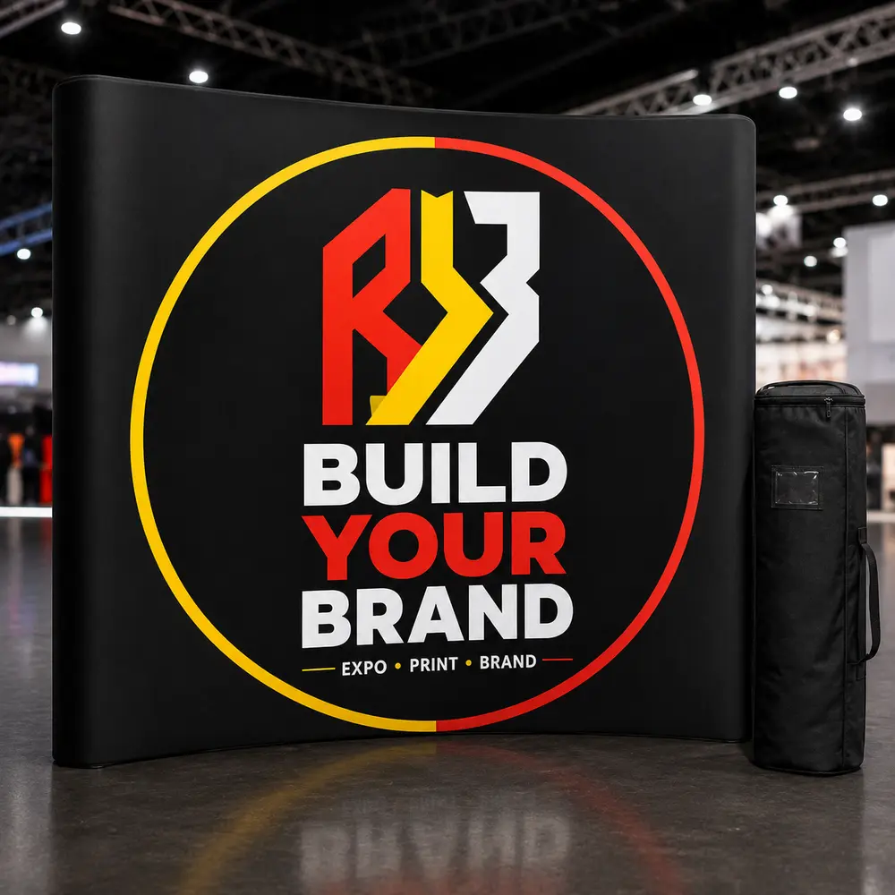 Branded curved pop-up display wall with carry bag