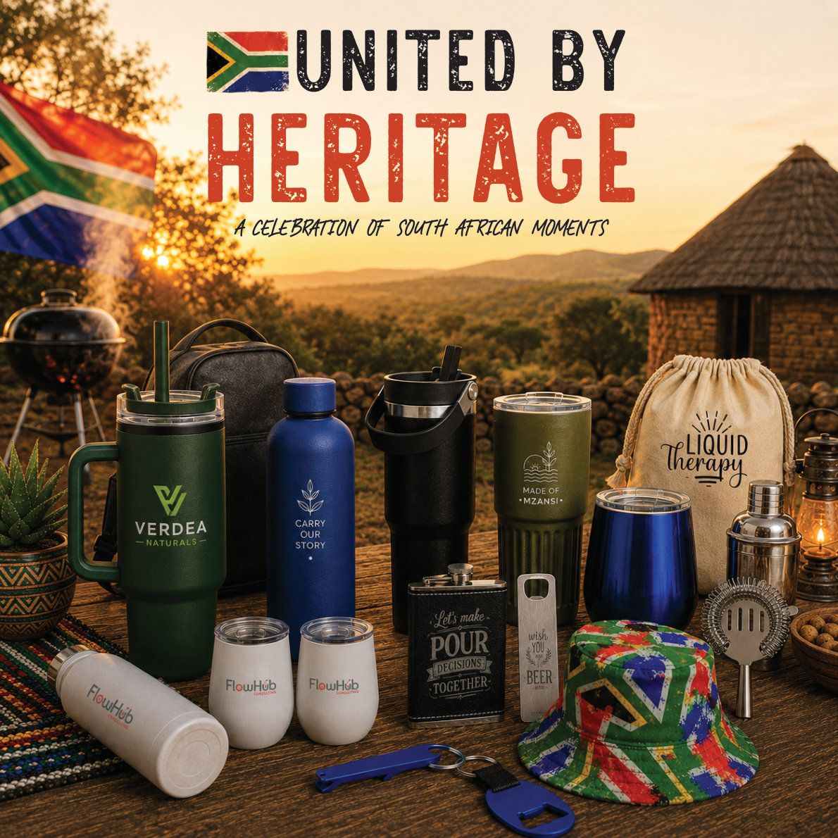 United By Heritage - a celebration of South African moments, featuring branded tumblers, bottles, a hip flask and a bucket hat