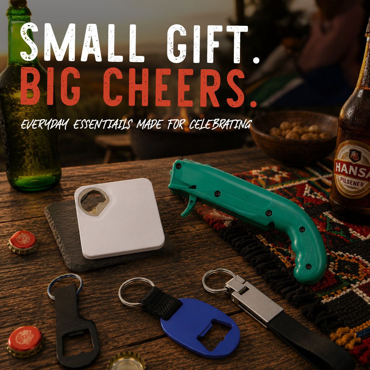 Small Gift, Big Cheers - keyrings, coasters and bottle openers