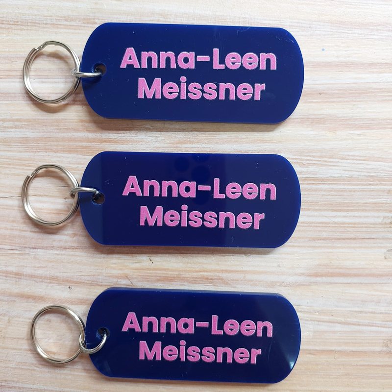 Navy Perspex bag tags with pink lettering