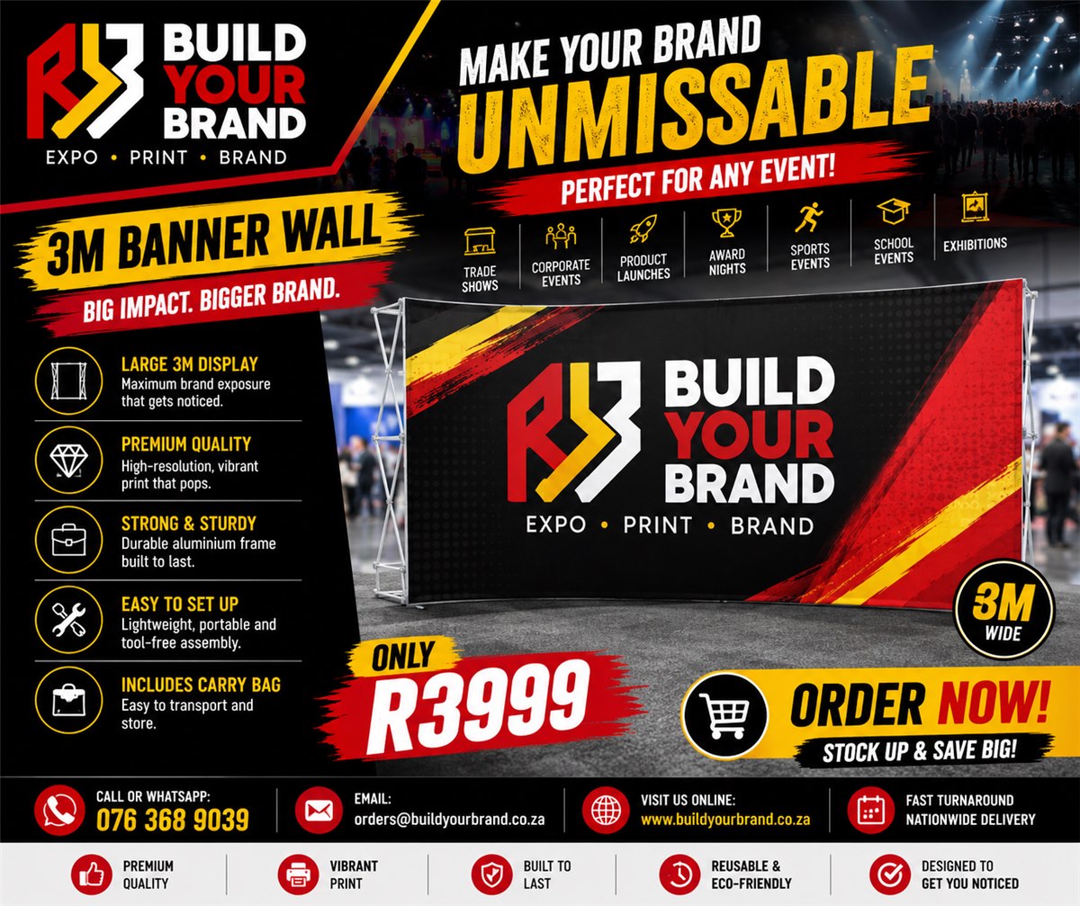 3m curved pop-up banner wall for R3,999, includes carry bag