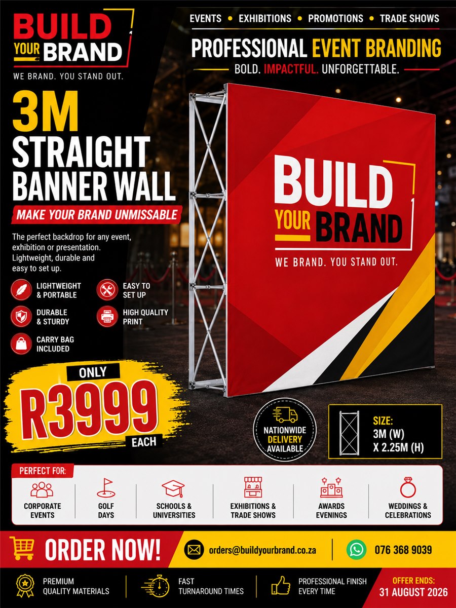 3m straight banner wall for R3,999 each, size 3m wide by 2.25m high