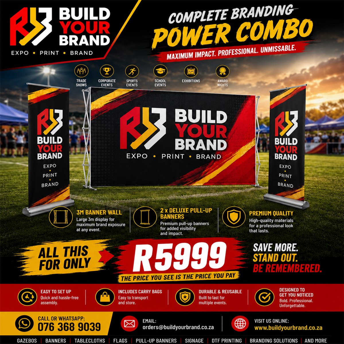 Complete Branding Power Combo: 3m banner wall plus two deluxe pull-up banners for R5,999