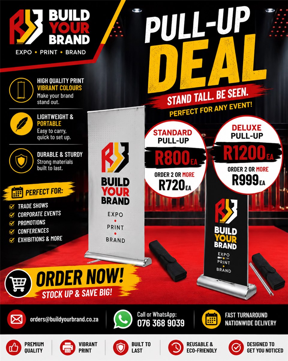 Pull-up banner deal: standard from R720 each, deluxe from R999 each when ordering two or more