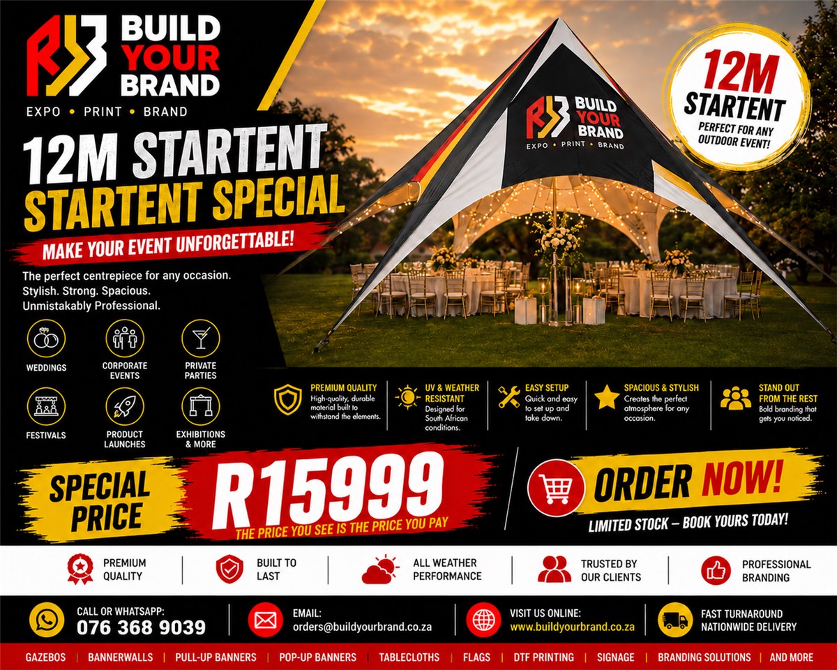 12m star tent special for weddings, corporate events and festivals, R15,999, limited stock