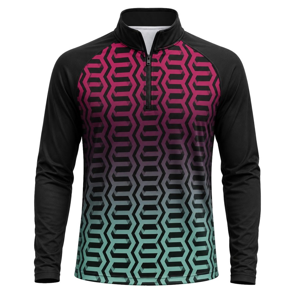 Dye Sub Men's Mandarin Collar 1/4 Zip Shirt, Raglan Long Sleeve, Birdseye